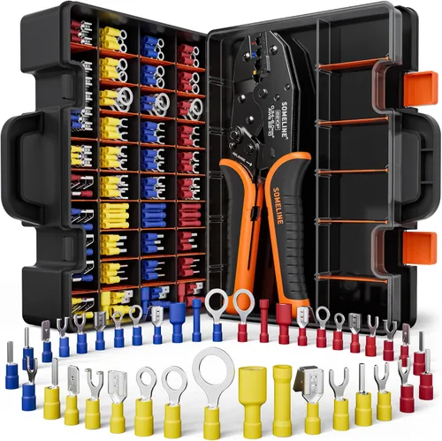 Miniatura 13 de SOMELINE Kit de herramientas de prensado de conectores eléctricos, crimpadora de terminales de trinquete 22-10 AWG, con conectores aislados a tope