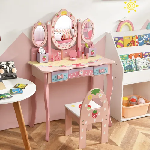 Miniatura 9 de Olakids Juego de tocador y silla de madera de fresa rosa 2 en 1 para niños pequeños con espejo de tres pliegues, taburete, cajones