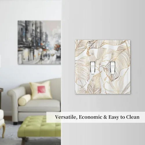 Miniatura 7 de Placa de pared decorativa con hojas de palmera tropicales de oro blanco, hoja de plátano, doble interruptor de luz de palanca decorativa, placa