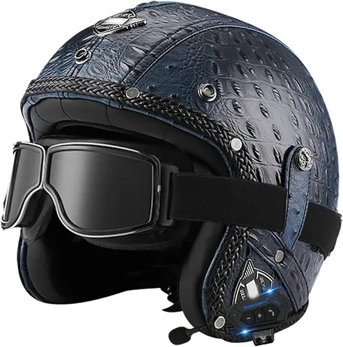 Miniatura 9 de Casco retro de motocicleta con Bluetooth, casco de cuero Jet con gafas personalizadas, medio casco de motocicleta 3/4 aprobado por DOT, casco