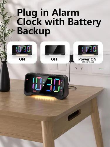 Miniatura 7 de Mesqool Reloj despertador súper fuerte para dormitorios, modo de fin de semana/día de la semana, atenuador, repetición, 12/24 horas, horario de Negro