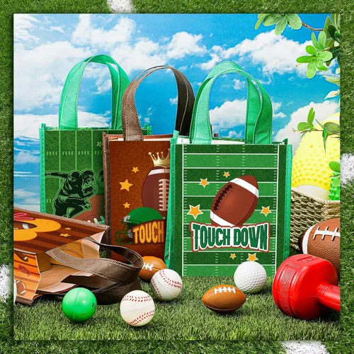 Miniatura 6 de Estune Paquete de 24 bolsas de mano de fiesta de fútbol con asas, bolsas reutilizables no tejidas para golosinas, bolsa de regalo deportiva