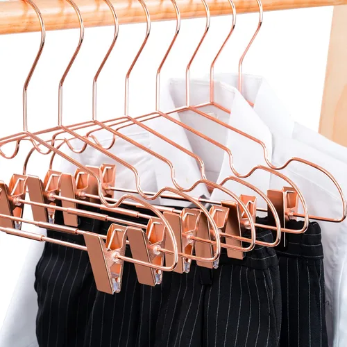 Miniatura 3 de Paquete de 10 perchas de 13 pulgadas con alambre de metal brillante dorado rosa con clips para almacenamiento y exhibición de camisas, abrigos