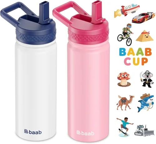 Miniatura 12 de baab Botella de agua para niños de 18 onzas, botella de agua aislada con popote y calcomanías, taza con popote de agua para niños de acero
