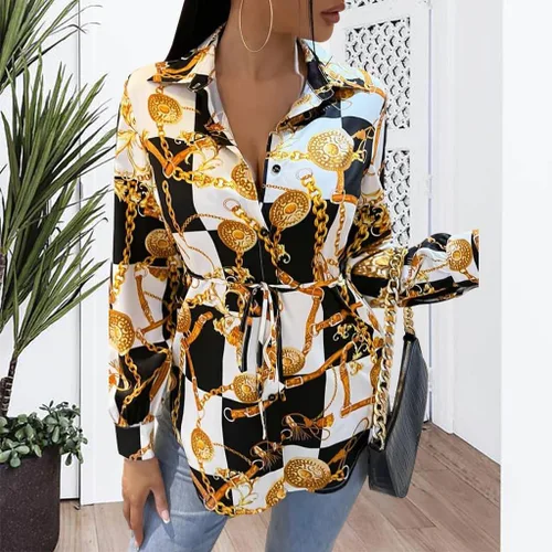 Miniatura 6 de Vestidos tipo camisa para mujer, sexy, con botones, con cuello, blusas de manga larga, estampado floral