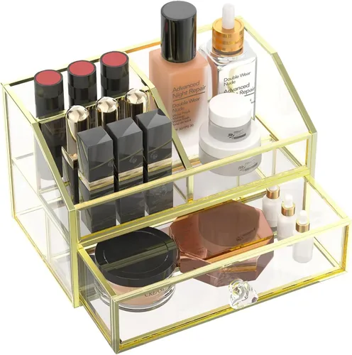 FSyueyun Organizador de maquillaje para tocador, organizador de cajones de vidrio transparente, vitrina de exhibición de joyas, almacenamiento de