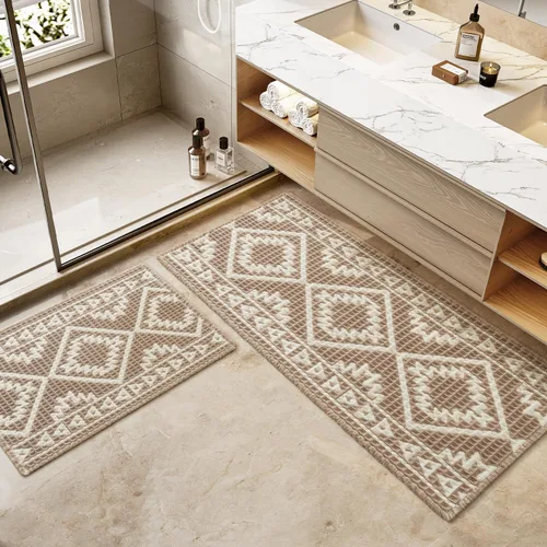 Miniatura 7 de PADOOR -Tapete de baño de punto gofre, súper absorbente, lavable a máquina, antideslizante, con borlas, tapete de baño suave para lavandería, Marrón