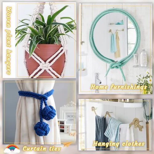 Miniatura 6 de Cuerda de algodón para macramé, 0.315 in x 131 pies, cuerda gruesa de 3 hebras torcida de macramé, cuerda de algodón para colgar en la pared, Blanco