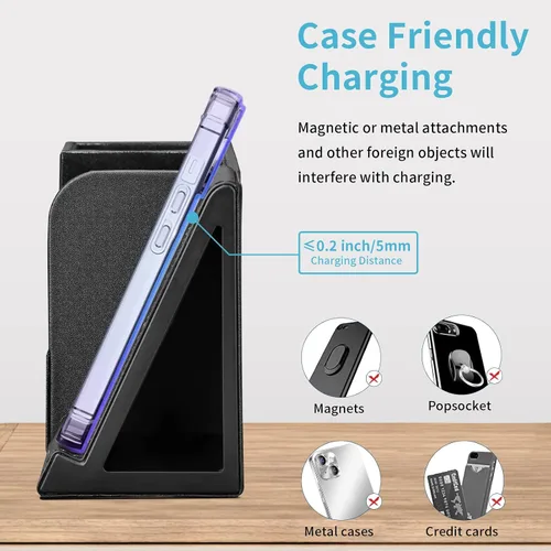 Miniatura 5 de KINGFOM Organizador de escritorio de cuero PU con soporte de estación de carga inalámbrica para iPhone 10W, soporte rectangular para caja