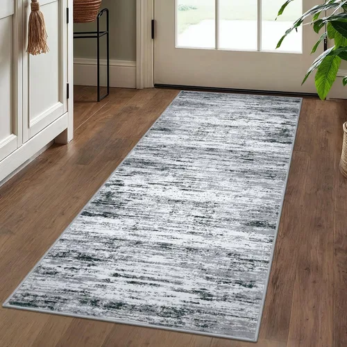 Miniatura 3 de Lansny Alfombra moderna abstracta de 2 x 5 pies, color negro, gris, blanco, lavable, alfombra de entrada para cocina, alfombra antideslizante suave