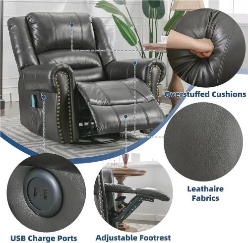 Miniatura 4 de Sillón reclinable giratorio con masaje de calor y vibración, moderno sillón reclinable manual con puerto USB y bolsillos laterales, cómodo sillón