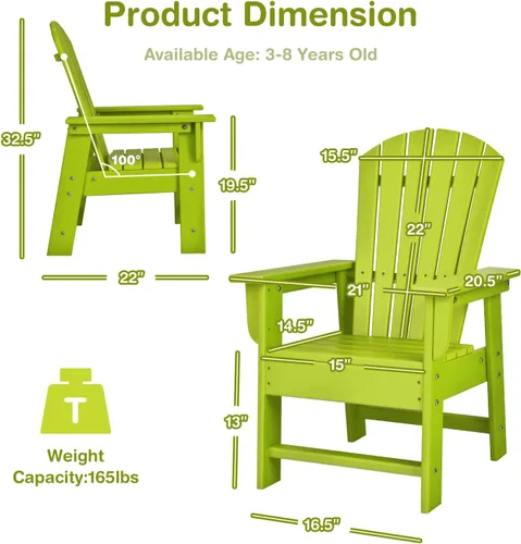 Miniatura 2 de Giantex Silla Adirondack para Niños, Silla de Patio de Césped de HDPE con Respaldo Ergonómico para Terraza, Porche, Patio Trasero, Junto a