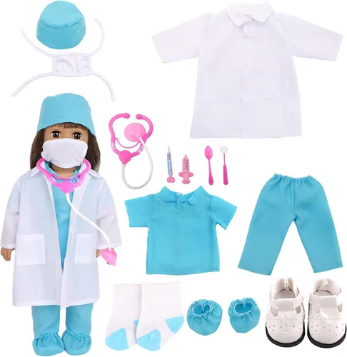 MSYO Juego médico de 18 pulgadas con bata blanca, herramientas quirúrgicas y quirúrgicas, disfraz de juego de rol para niños de 3 a 12 años, se