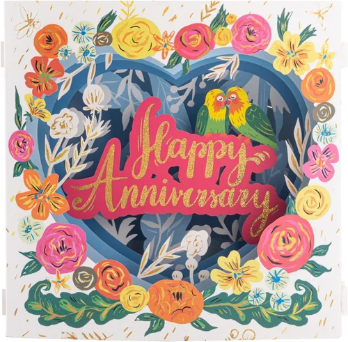 Tarjeta de felicitación de feliz aniversario, tarjeta de aniversario de tortolitos 3D, caja de flores mostrable, tarjeta de aniversario desplegable,