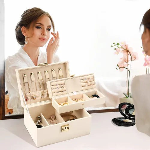Miniatura 2 de CHFONG Joyero de 2 capas de piel sintética soporte de joyería portátil de viaje extraíble para collares aretes anillos pulseras joyeros organizador