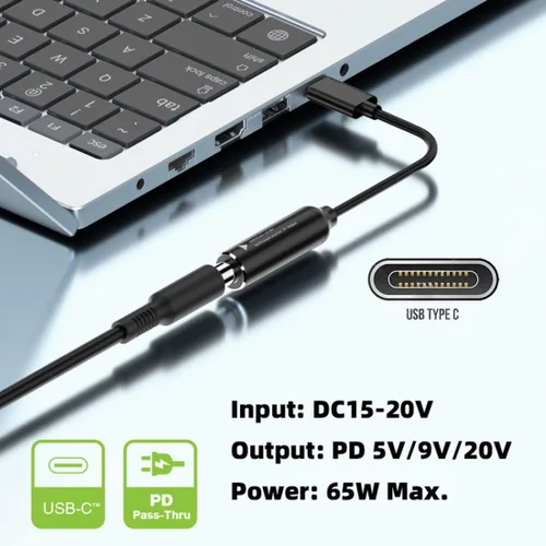 Miniatura 3 de chenyang Convertidor de alimentación CC a USB C, USB C macho a CC 0.138x0.051 in PD 65W 5V/9V/20V adaptador de cable de carga rápida