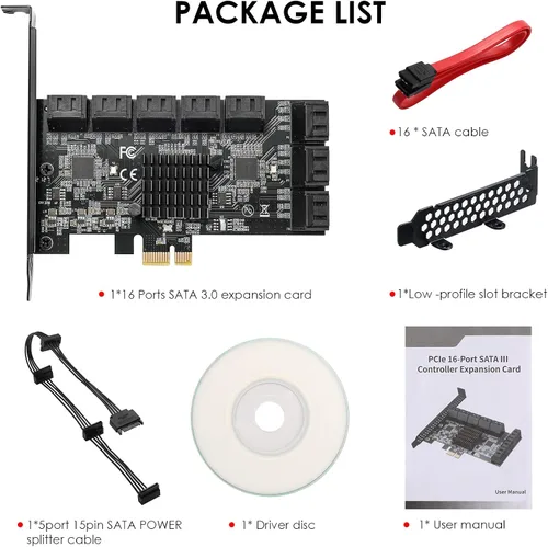 Miniatura 8 de PCle Tarjeta de expansión de controlador SATA III de 16 puertos, 6Gbps X1/X4/X8/X16, soporta 16 dispositivos SATA con cables y soporte de perfil