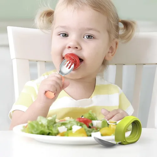 Miniatura 4 de Juego de cubiertos de tenedor y cuchara para niños, sin BPA, duraderos, seguros para niños pequeños, cubiertos para bebés para autoalimentarse más