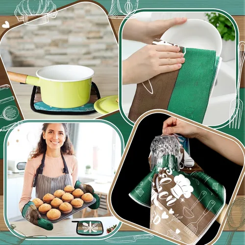 Miniatura 6 de Fourluoo Juego de 10 piezas de decoración y accesorios de cocina de granja, 4 toallas de cocina, 2 soportes para ollas, 2 guantes de horno, 2 Verde