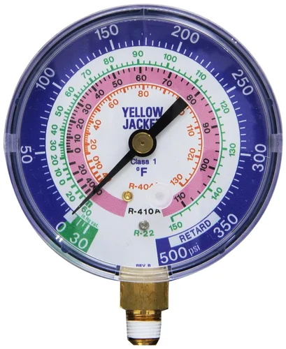 Yellow Jacket 49138. Medidor de 3-1/8 pulgadas, compuesto azul, 30 pulgadas 0-350 psi, R-22/404 A/410A grados F