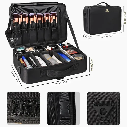Miniatura 2 de Travelmall Estuche profesional organizador de maquillaje de 3 niveles, tamaño grande con hombro ajustable para brochas de maquillaje, herramientas