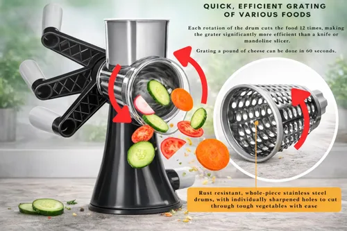 Miniatura 3 de Brieftons Rallador de queso giratorio de 4 cuchillas, cortador de alimentos de cocina con asa, cortador de verduras de mandolina, molinillo