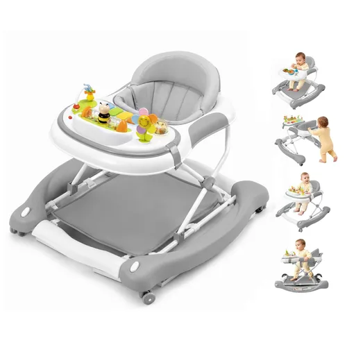 Andador de bebé 5 en 1, caminador de música y luces para bebés niños y niñas de 6 a 12 meses, andadores plegables con ruedas y gorila combo Gris
