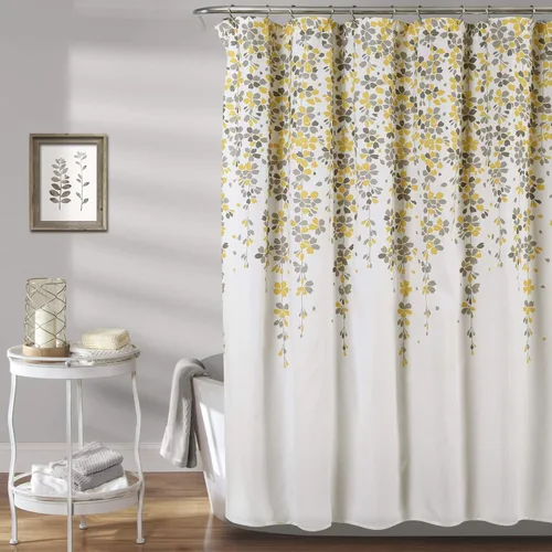 Lush Decor Cortina de Ducha Weeping Flower 72"An x 72"L Amarillo y Gris - Cortinas de Ducha de Tela para Baño - Cortina de Baño Floral - Decoración