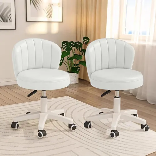 Miniatura 14 de Silla de escritorio pequeña festoneada con respaldo, bonita silla de tocador enrollable sin brazos con piel sintética, cómodas sillas de oficina Gris