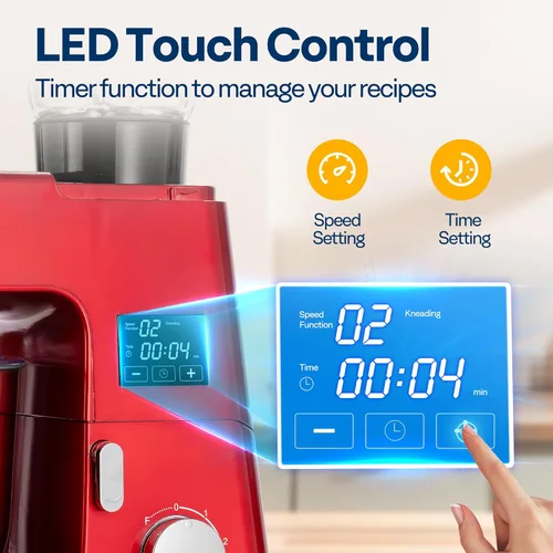 Miniatura 7 de VIVOHOME Mezclador de pie multifuncional 9 en 1 con fermentación, mezclador eléctrico de cocina de 6 velocidades y 7 cuartos con temporizador, Rojo