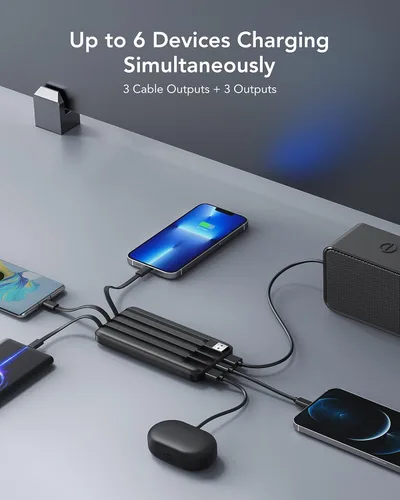 Miniatura 5 de charmast Cargador portátil de 10000 mAh, 4 cables integrados, 6 salidas/3 entradas, carga rápida de 3 A, compatible con iPhone, iPad, Samsung