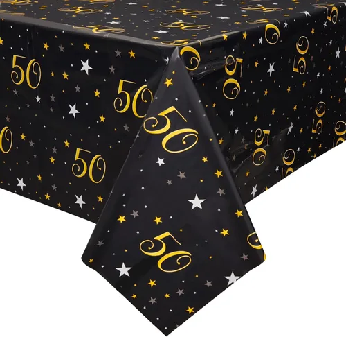 Miniatura 5 de Juvale Manteles de 50 cumpleaños – Paquete de 3, 54 x 108 pulgadas, negro y dorado, decoraciones de cumpleaños 50 para hombres y decoraciones