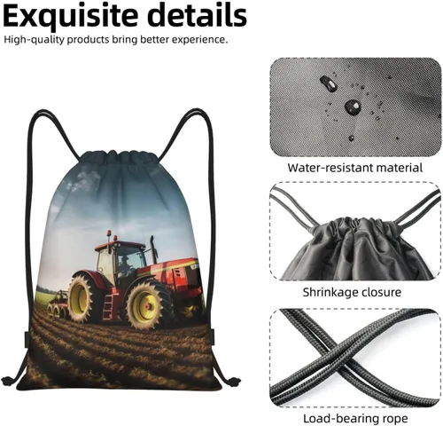 Miniatura 4 de VACSAX Mochila con cordón Deportes Resistente al Agua Bolsa de Cuerda Tractor Granja Imprimir Gimnasio DrawString Mochilas, Negro