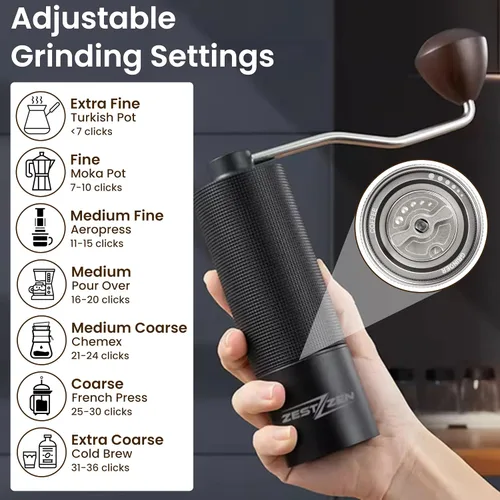 Miniatura 7 de Molinillo de café manual con rebaba cónica de precisión, molinillo de café manual ajustable con rodamientos dobles, molinillo de café portátil