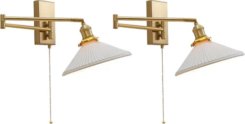 MWL14A-2 - Juego de 2 apliques de pared dorados cepillados, lámparas de pared industriales retro con cadena de tracción, apliques de tocador de
