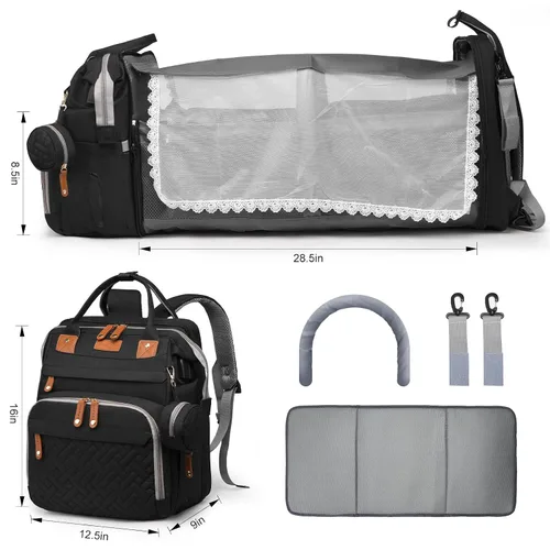 Miniatura 5 de Mochila para pañales con cambiador, bolsa de pañales grande para niños y niñas, mochila multifuncional para pañales de viaje, bolsa de bebé con Negro