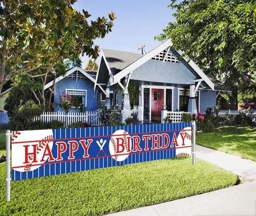 Miniatura 5 de Cartel grande de béisbol de feliz cumpleaños, temática deportiva, decoración de fiesta de cumpleaños, suministros de telón de fondo (9.8 x 1.6 pies)