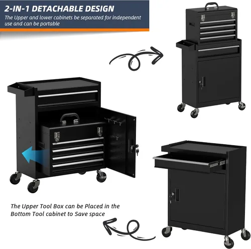 Miniatura 6 de Caja de herramientas rodante de alta capacidad de 5 cajones, caja de herramientas de almacenamiento extraíble con ruedas y cajones, caja