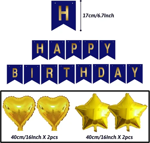 Miniatura 4 de ZERODECO Decoraciones de cumpleaños, decoraciones de fiesta azul marino y dorado con pancarta, pompones, globos para niños, niñas, hombres y mujeres