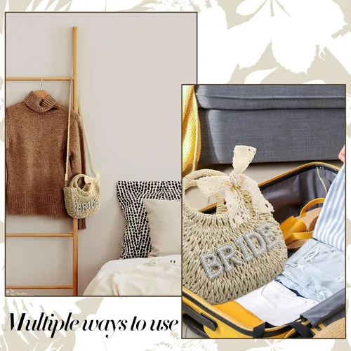 Miniatura 10 de Pinkunn Bolso de paja para novia, bolso tejido a mano, con parches de letras de diamantes de imitación, para despedida de soltera, luna de miel