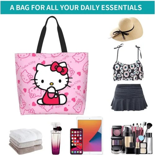 Miniatura 7 de Bolso de mano Kawaii rosa con gato para mujer, lindo bolso de hombro grande, bolso cruzado para el trabajo, viajes, compras