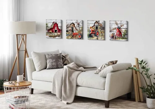 Miniatura 5 de Arte de pared rústico de granja, pintura de paisaje rural, molino de viento de granero, camión, impresiones en lienzo de animales de granja, vaca