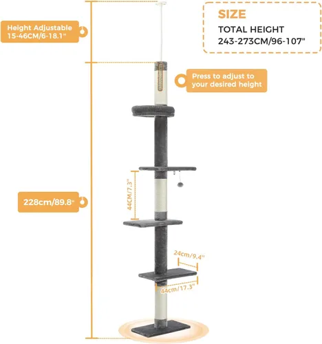 Miniatura 2 de PETEPELA Torre para gatos de 5 niveles de piso a techo, altura del árbol para gatos (95-107 pulgadas), ajustable, árbol de escalada alto con poste