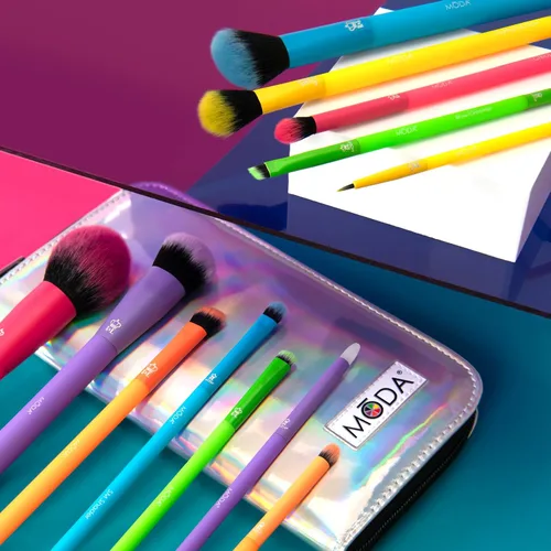 Miniatura 4 de MODA Juego de 13 brochas de maquillaje totalmente eléctricas, pinceles de neón coloridos con estuche de viaje holográfico, kit vegano de cara