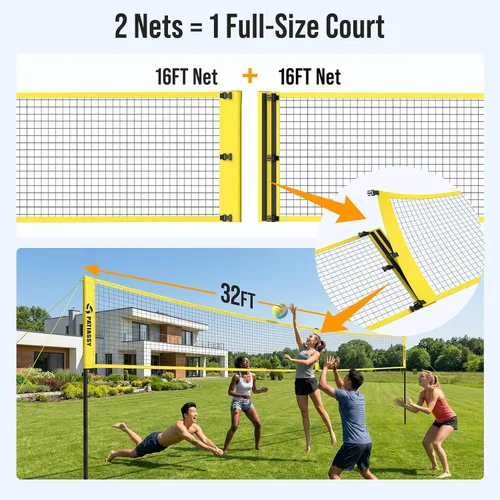 Miniatura 5 de 4 Square Volleyball Game Set, 4 Way Net System with 16FT & 32FT Court, Adjustable Height Backyard Badminton Combo, Portable Outdoor Kit with Ball