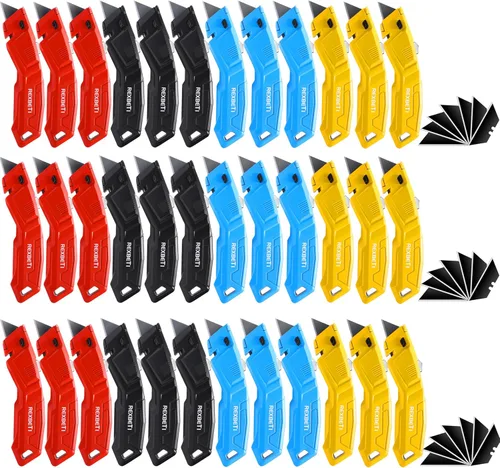 Miniatura 9 de REXBETI - Juego de 2 cuchillos utilitarios con cuchillas extra, cuchillo de caja retráctil de 2 colores de alta resistencia para cartones, cartón