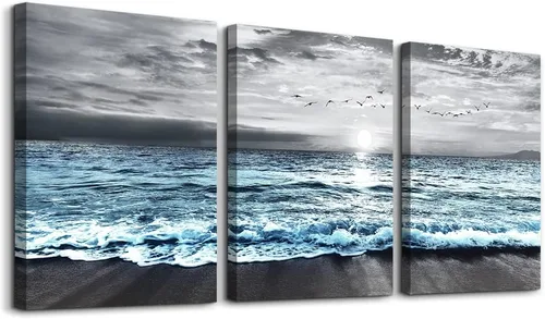 Miniatura 7 de Arte en lienzo enmarcado en negro para decoración de sala de estar y dormitorio - Pintura de pared de playa en blanco y negro - Imágenes de olas
