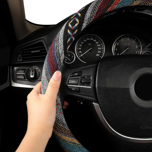 Miniatura 3 de GXT Manta Baja de 15 pulgadas para volante de automóvil, ajuste universal para la mayoría de los automóviles, estilo étnico, tela de lino gruesa