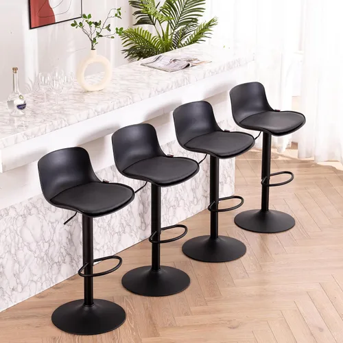 Miniatura 5 de YOUTASTE Juego de 2 taburetes de bar totalmente negros, taburetes de bar giratorios ajustables con respaldo, asientos de silla de bar acolchados