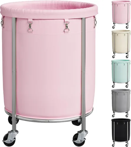 Miniatura 10 de ELYKEN Cesta de lavandería con ruedas, cesta de lavandería rodante de 170L con bolsa extraíble y marco de acero, carrito de lavandería redondo con 4